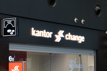 Gdansk, Poland - February 7, 2019: Sign of kantor change belong to Money Exchange Poland.のeditorial素材