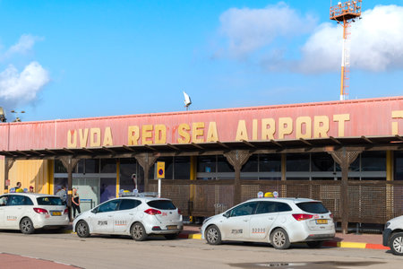 Ovda, Israel - February 7, 2019: Sign Ovda Red Sea Aiport at Civilian airport in the Uvda region of southern Israel.のeditorial素材