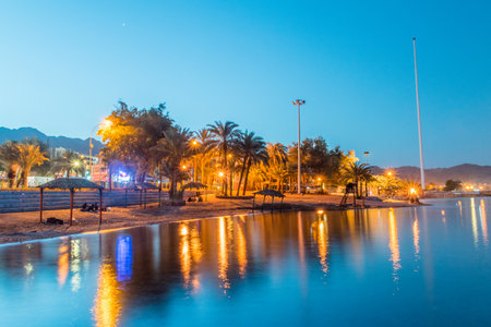 Aqaba, Jordan - February 8, 2019: View of Aqaba beach in the early morning.のeditorial素材