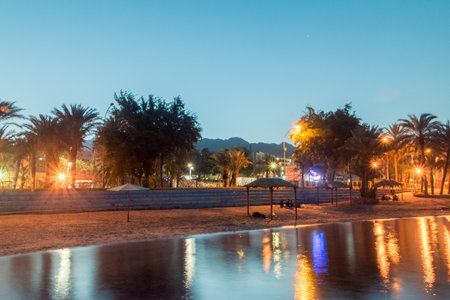 Aqaba, Jordan - February 8, 2019: View of seashore beach in the early morning.のeditorial素材