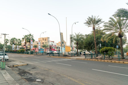 Aqaba, Jordan - February 8, 2019: View K. Hussein street at Aqaba city at sunrise time.のeditorial素材