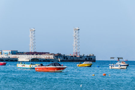 Aqaba, Jordan - February 8, 2019: Boats at Gulf of Aqaba in Aqaba.のeditorial素材