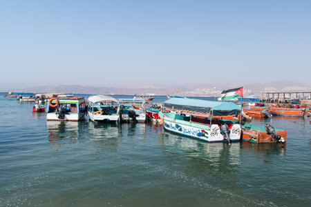 Aqaba, Jordan - February 8, 2019: Many boats at Gulf of Aqaba.のeditorial素材
