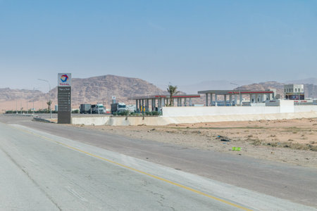 Al-Quwayrah, Jordan - February 8, 2019: Total gass station. Total is a French multinational integrated oil and gas company founded in 1924.のeditorial素材