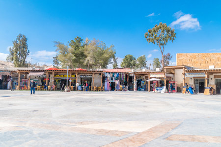 Petra, Jordan - February 8, 2019: View of shops and restaurants at Petra Visitor Center.のeditorial素材