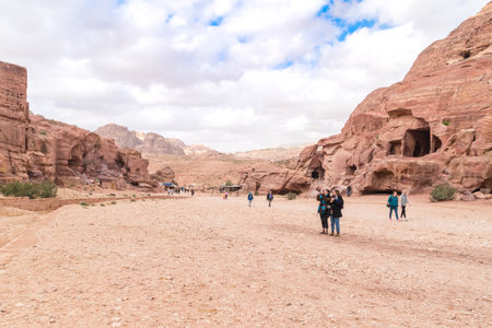 Petra, Jordan - February 8, 2019: Mountains of Petra (Red Rose City), Jordan. Petra is UNESCO World Heritage Site and is one of New7Wonders of the World.のeditorial素材