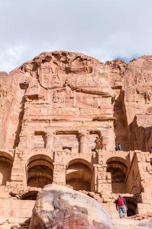 Petra, Jordan - February 8, 2019: Close-up for Urn Tomb in Petra (Red Rose City), Jordan.のeditorial素材
