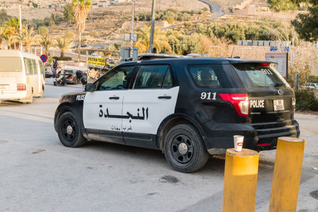 Wadi Musa, Jordan - February 8, 2019: Jordan's police car at entrance to Petra.のeditorial素材