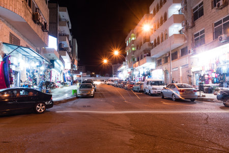 Aqaba, Jordan - February 8, 2019: Shopping street at night in Aqaba.のeditorial素材