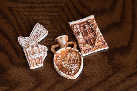 Aqaba, Jordan - February 9, 2019: Ceramic magnets from Petra. Petra is one of the Seven Wonders of the Word.のeditorial素材