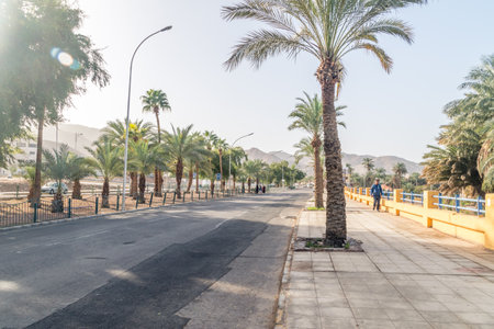 Aqaba, Jordan - February 8, 2019: View K. Hussein street  in the morning.のeditorial素材