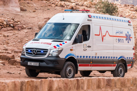 Petra, Jordan - February 8, 2019: Ambulance vehicle in ancient city of Petra. Petra is one of the Seven Wonders of the Word.のeditorial素材