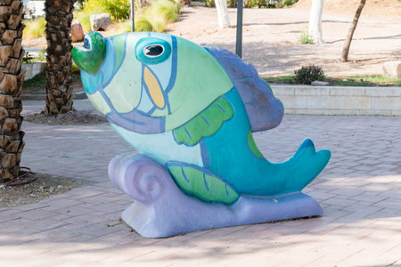 Eilat, Israel - February 9, 2019:  The sculpture of the fish in Gan Binyamin Central Park.のeditorial素材