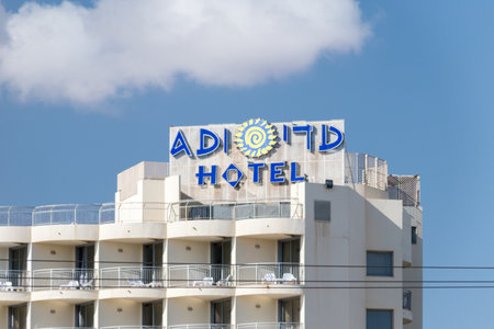 Eilat, Israel - February 9, 2019: Logo and sign of ADI hotel in Eilat.のeditorial素材
