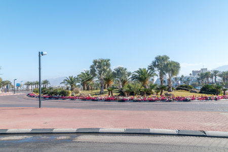 Eilat, Israel - February 9, 2019: Roundabout with palm trees and flowers in the city center of the...