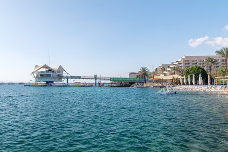 Eilat, Israel - February 9, 2019: View of Red Sea with Diving center Custo Club in Eilat.のeditorial素材