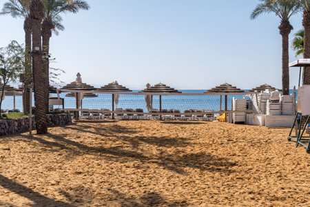 Eilat, Israel - February 9, 2019: Outdoor volleyball court on the beach in Eilat.のeditorial素材