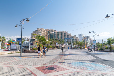 Eilat, Israel - February 9, 2019: Boardwalk at Hananya Beach in Eilat.