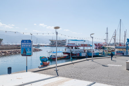 Eilat, Israel - February 9, 2019: Eilat marina at Hananya Beach.