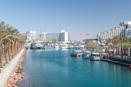 Eilat, Israel - February 9, 2019: View of Eilat Bay from Moshe Kol Memorial Bridge.のeditorial素材