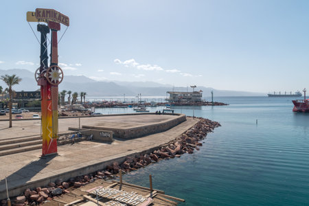Eilat, Israel - February 9, 2019: Red Sea coast line with with entrance to Eilat Bay.