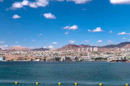 Eilat, Israel - February 9, 2019: View of Aqaba gulf and Eilat town.のeditorial素材
