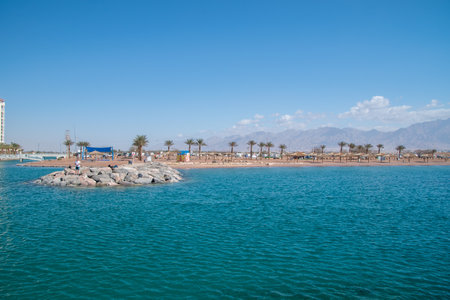 Eilat, Israel - February 9, 2019: Beach near the border with Jordan.のeditorial素材