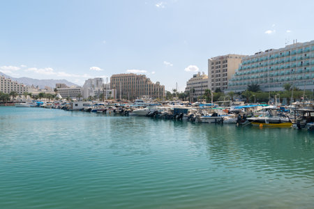 Eilat, Israel - February 9, 2019: Lots of yachts and boats in Eilat marina.