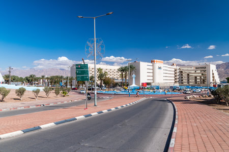 Eilat, Israel - February 9, 2019: Red Sea Square and 5 stars Aria Hotel.のeditorial素材