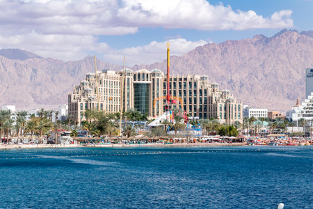Eilat, Israel - February 9, 2019: View of Queen of Sheba Eilat Hotel from sea.のeditorial素材