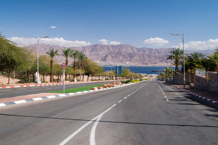 Eilat, Israel - February 9, 2019: View of street in Eilat. Eilat is famous resort and recreation city of Israel.のeditorial素材