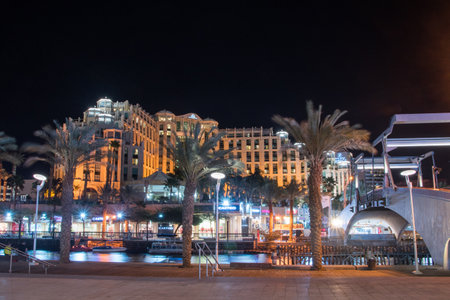 Eilat, Israel - February 9, 2019: Queen of Sheba Eilat Hotel over palm trees at night.