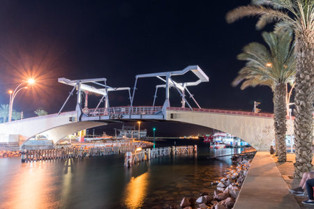 Eilat, Israel - February 9, 2019: Night view of Moshe Kol Memorial Bridge.