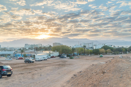 Eilat, Israel - February 10, 2019: Beautiful sunrise view of Eilat town.のeditorial素材