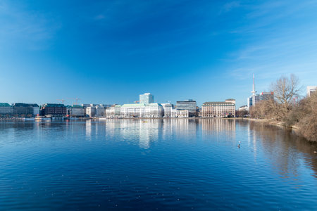 Hamburg, Germany - February 15, 2019: The Inner Alster Lake (German: Binnenalster) in Hamburg, Germany.のeditorial素材