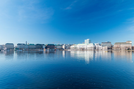 Hamburg, Germany - February 15, 2019: View of the Binnenalster lake with blue sky.のeditorial素材