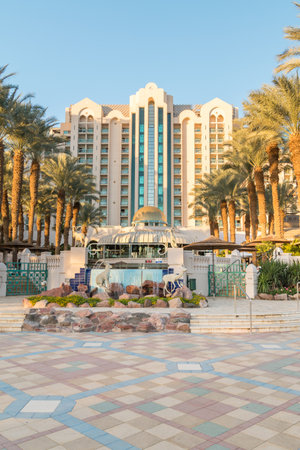 Eilat, Israel - February 9, 2019: Entrance to Five strars hotel Herods Palace at sunset time.のeditorial素材