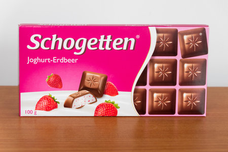 Pruszcz Gdanski, Poland - February 18, 2019: Schogetten yogurt strawberry flavour chocolate.のeditorial素材