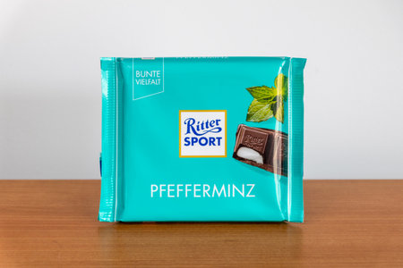 Pruszcz Gdanski, Poland - February 18, 2019: Ritter sport Pfefferminz chocolate.のeditorial素材