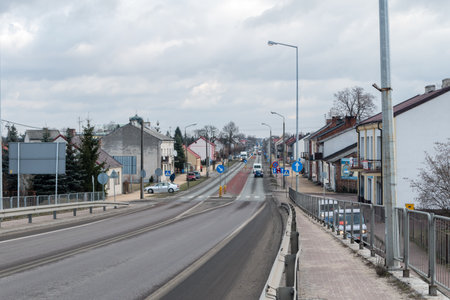 Deblin, Poland - February 20, 2019: Warszawska street in Deblin. Main street in Deblin city.のeditorial素材