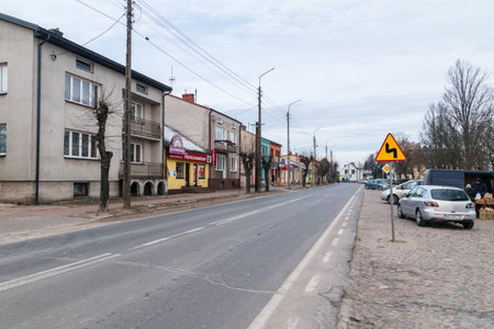 Maciejowice, Poland - February 23, 2019: Main street in Maciejowice. Rynek street.のeditorial素材