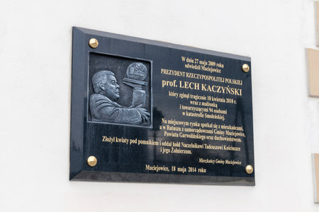 Maciejowice, Poland - February 23, 2019: Memorial plaque for Polish president Lech Kaczynski.のeditorial素材