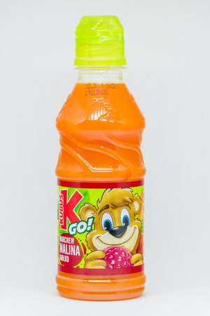 Pruszcz Gdanski, Poland - February 26, 2019: Kubus go carrot, raspberry and apple.のeditorial素材