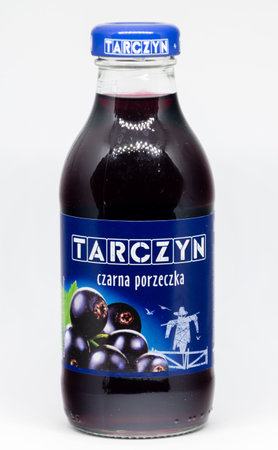 Pruszcz Gdanski, Poland - February 26, 2019: Tarczyn juice with blackcurrant flavor.のeditorial素材