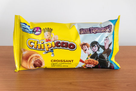Pruszcz Gdanski, Poland - March 8, 2019: Chipicao croissant with cocoa cream filling.