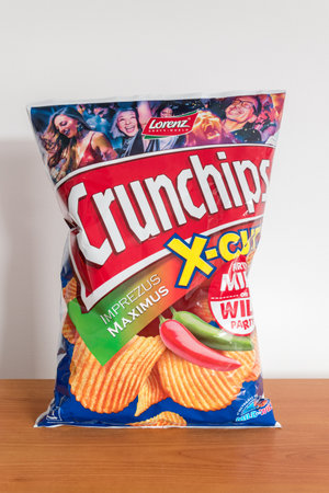 Pruszcz Gdanski, Poland - March 1, 2019: Pack of Lorenz Crunchips x-cut. Potato chips hot peppers flavoured.のeditorial素材