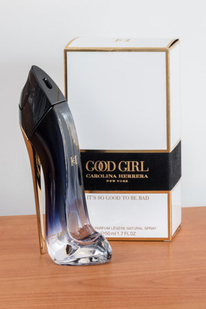 Pruszcz Gdanski, Poland - March 9, 2019: High heel shoe and box of Carolina Herrera Good Girl New York exclusive women's perfumed water.のeditorial素材