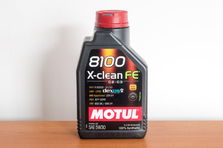 Pruszcz Gdanski, Poland - March 23, 2019: Plastic bottle of motor oil Motul 8100 X-Clean FE C2/C3 5W30.のeditorial素材