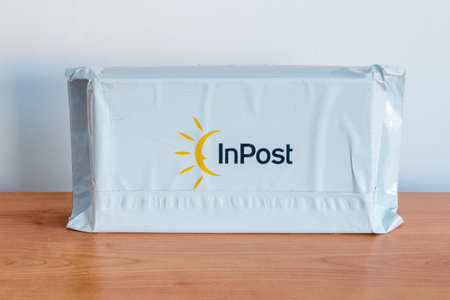 Pruszcz Gdanski, Poland - March 19, 2019: Pack with InPost logo and sign. InPost is private logistic operator in Poland.のeditorial素材