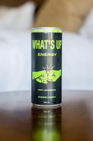 Aqaba, Jordan - February 8, 2019: Can of What's up mint lemonade flavoured energy drink.のeditorial素材